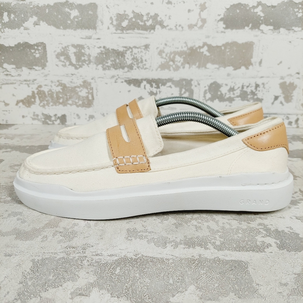 Cole Haan Cream Canvas Loafers with Tan Accents